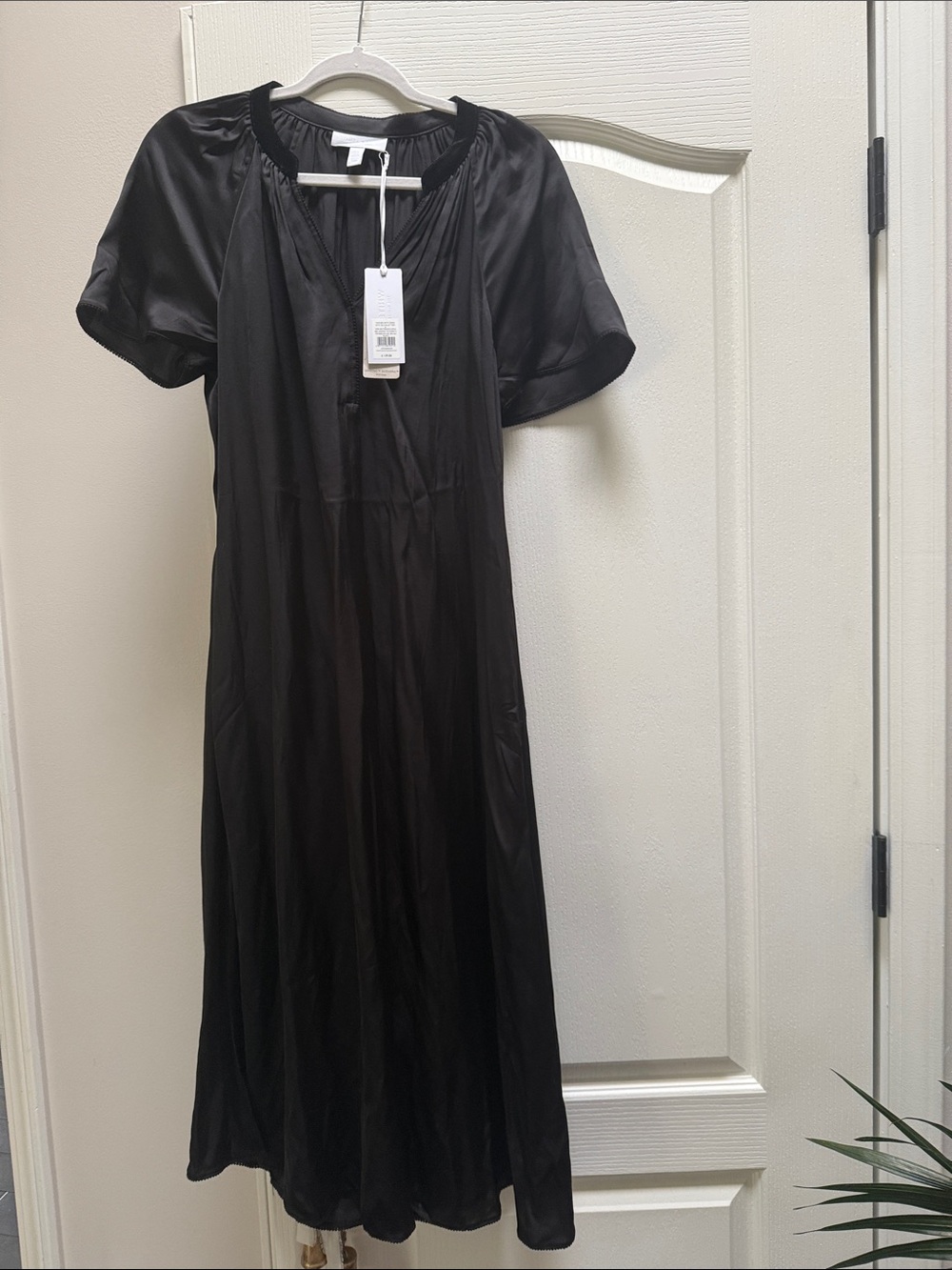 Black Satin Midi Dress with Silk-Velvet Trim & Short Puff Sleeves - Women